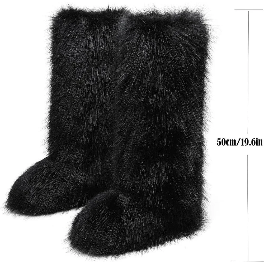⚡Women Black Faux Fur Fluffy Cosy Round Toe Knee High Warm Outdoor Fur Boot